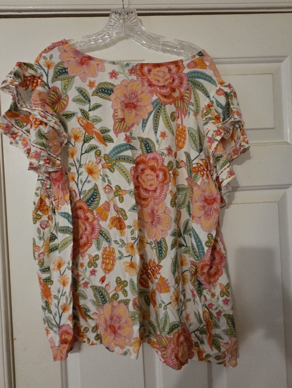 Rachel Zoe White Floral V-Neck Ruffle Sleeve Blouse - Picture 5 of 6